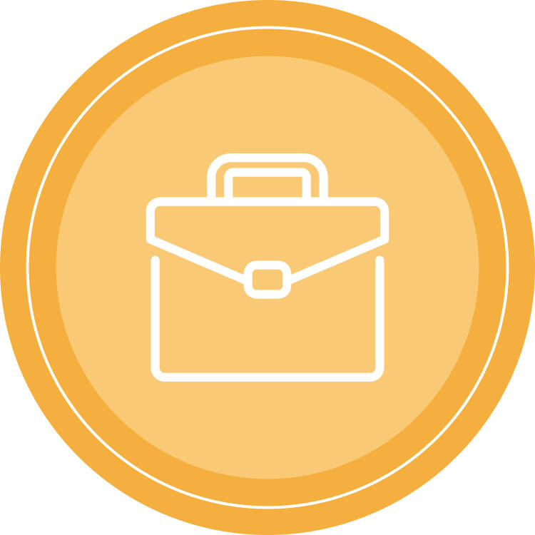 Occupational wellness round icon, with a yellow background and briefcase icon in the center